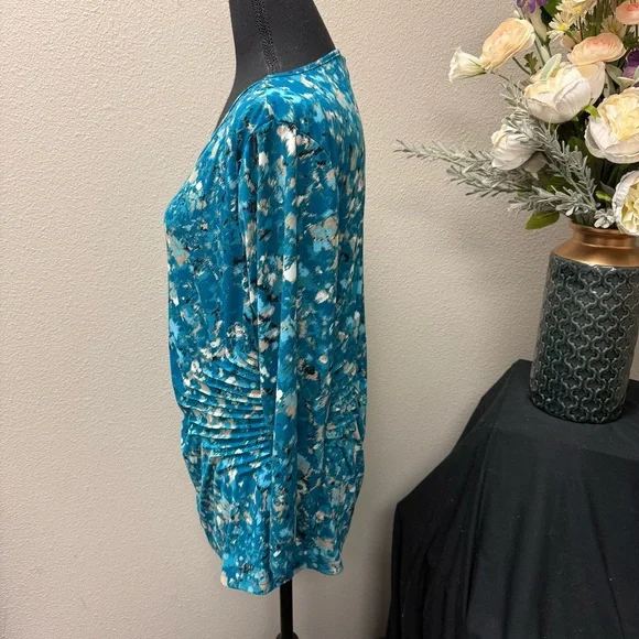 Dana Buchman Teal Abstract Ruched Side Scoop Neck Top XL - Picture 3 of 9